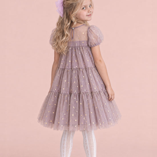 Wisteria Bloom Lilac Star Tulle Dress, back, keyhole and button