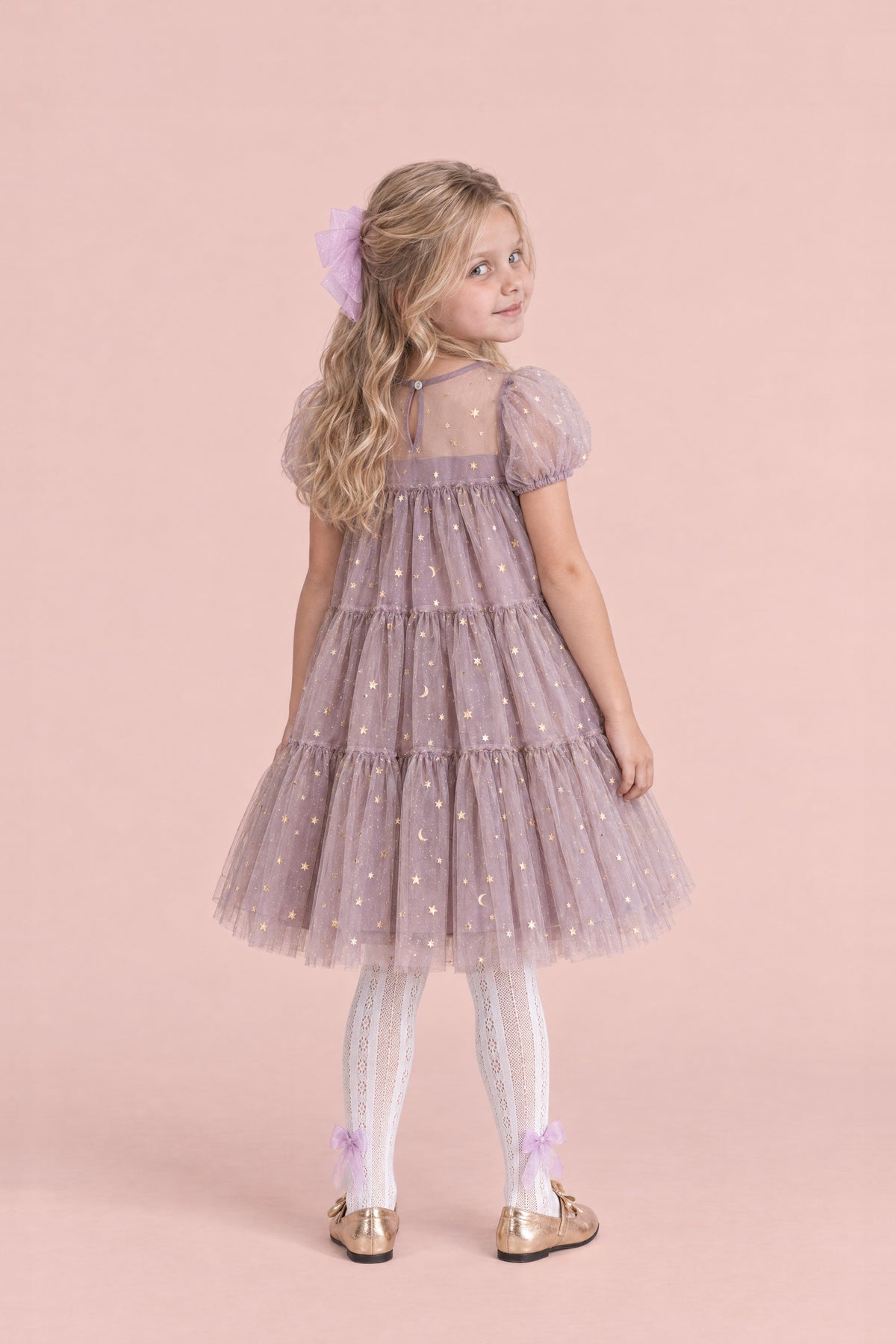 Wisteria Bloom Lilac Star Tulle Dress, back, keyhole and button