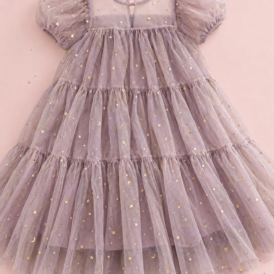 Wisteria Bloom Lilac Star Tulle Dress, sheer yoke, puff sleeves and gold star tulle, flat lay
