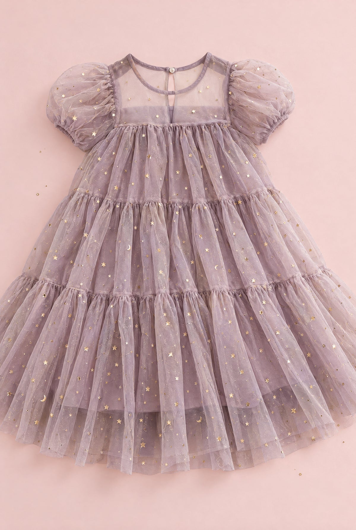 Wisteria Bloom Lilac Star Tulle Dress, sheer yoke, puff sleeves and gold star tulle, flat lay