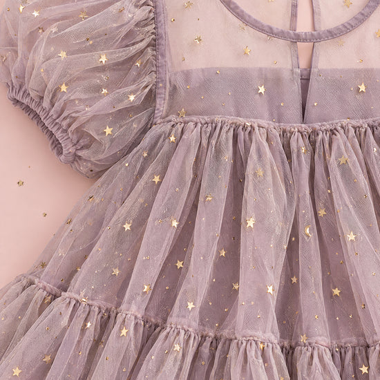 Wisteria Bloom Lilac Star Tulle Dress, sheer yoke, keyhole button, puff sleeve and gold star tulle, close up