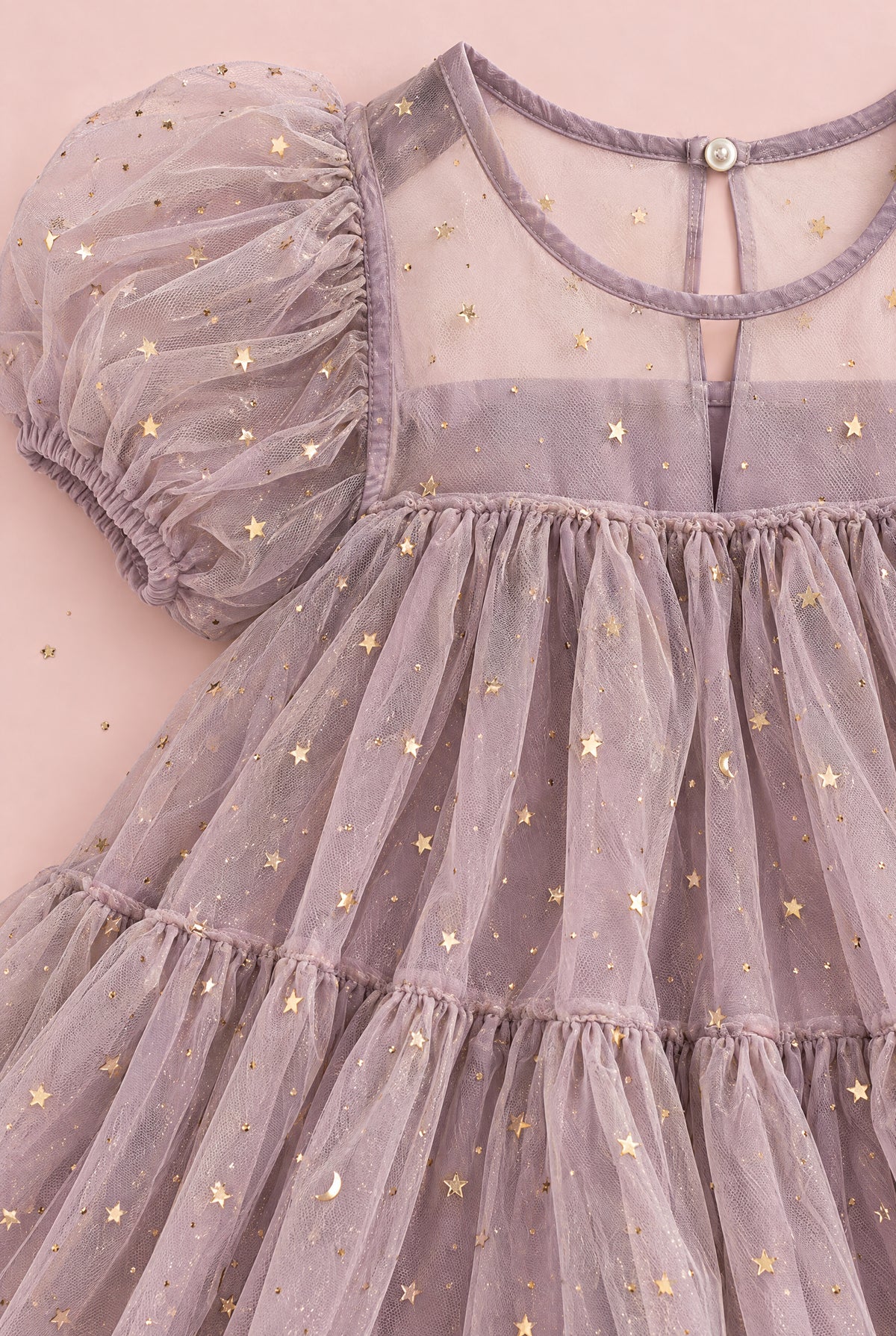 Wisteria Bloom Lilac Star Tulle Dress, sheer yoke, keyhole button, puff sleeve and gold star tulle, close up