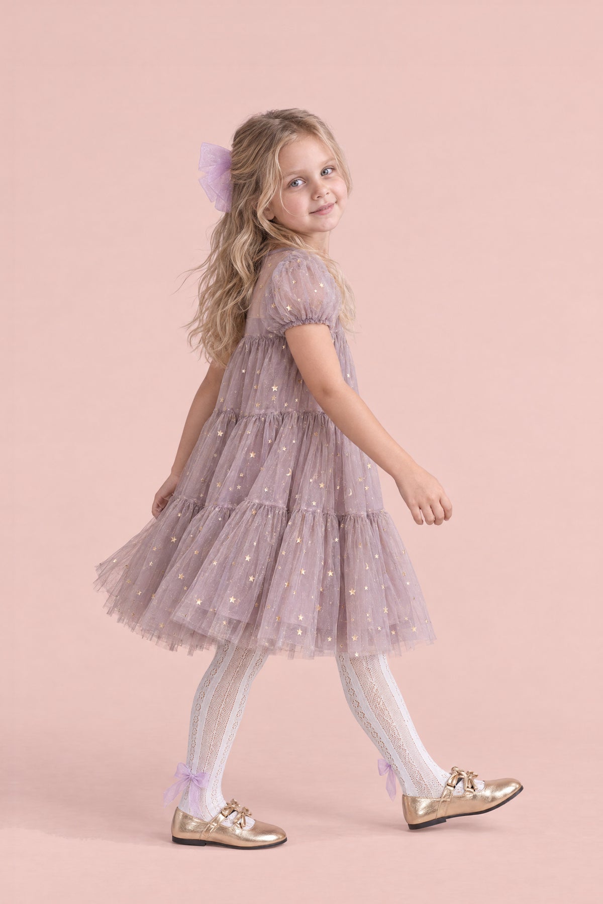 Wisteria Bloom Lilac Star Tulle Dress, side, mid step