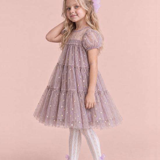 Wisteria Bloom Lilac Star Tulle Dress, three quarter