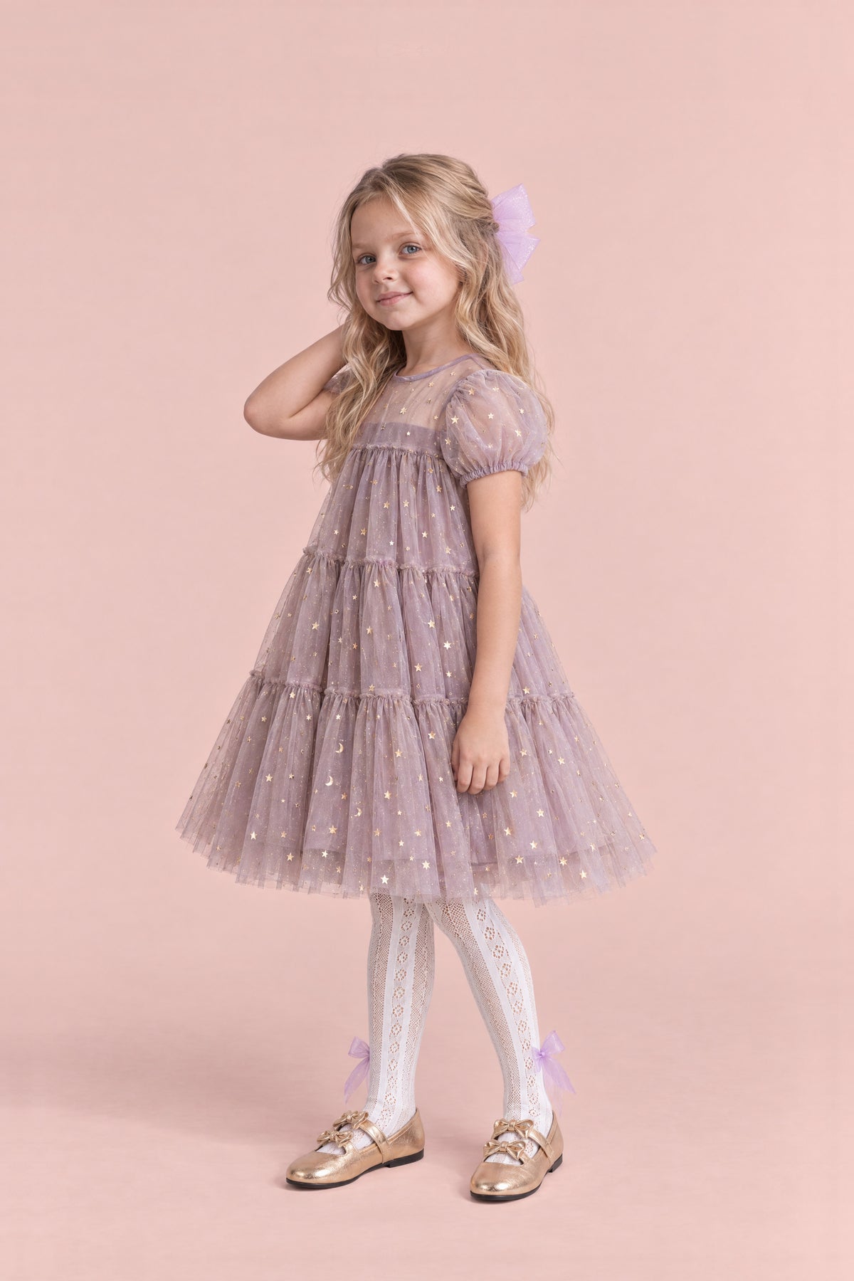 Wisteria Bloom Lilac Star Tulle Dress, three quarter