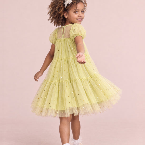 Wisteria Bloom Lime Star Tulle Dress, back, keyhole and button