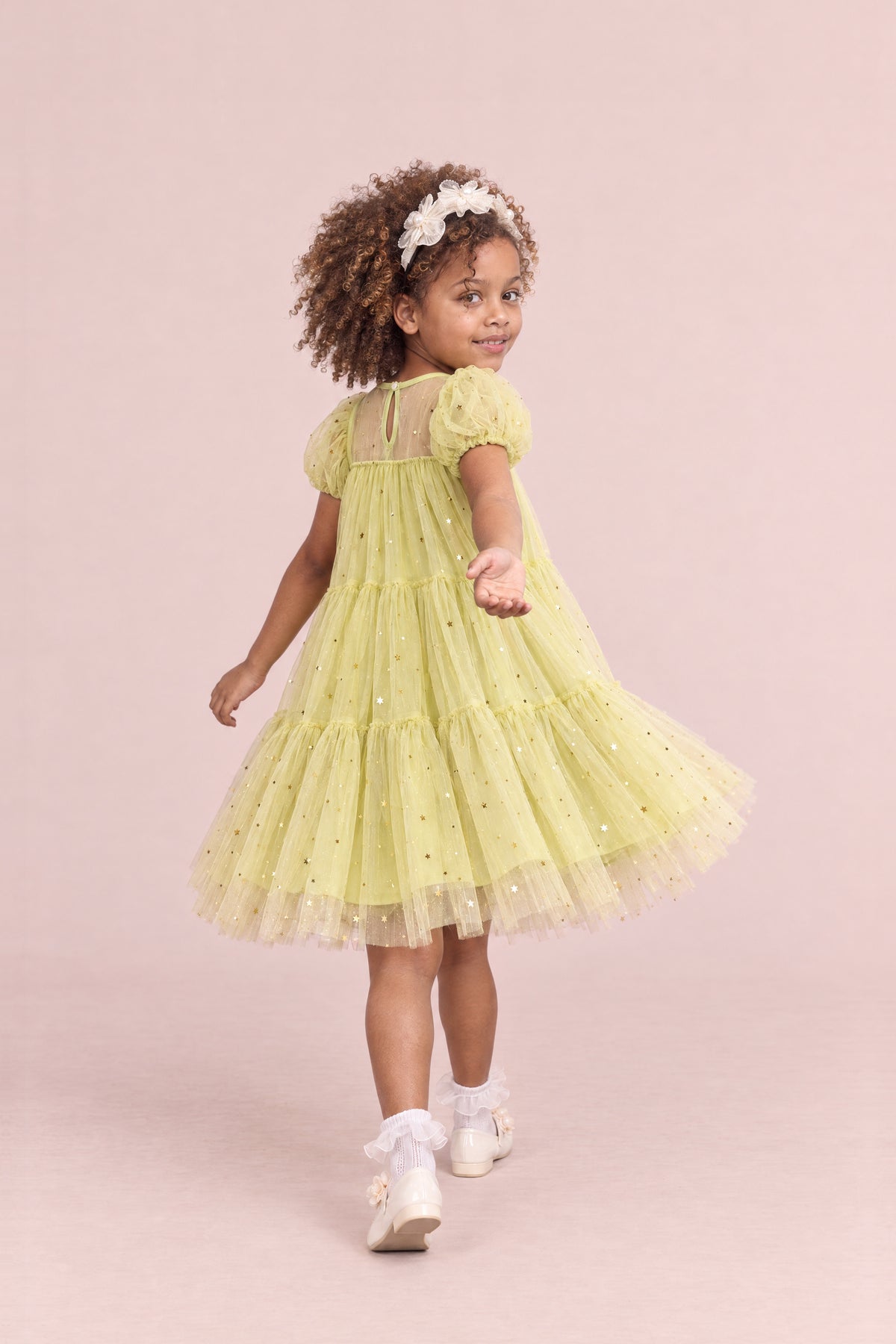 Wisteria Bloom Lime Star Tulle Dress, back, keyhole and button