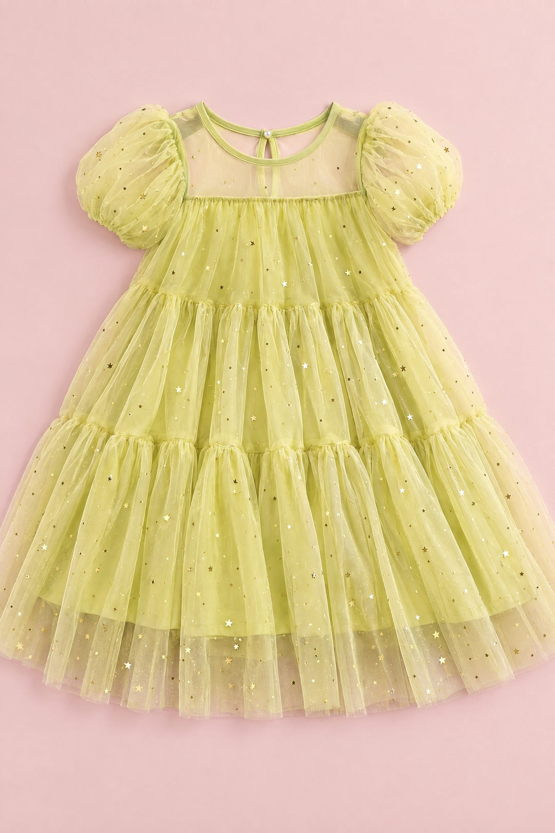 Wisteria Bloom Lime Star Tulle Dress sheer yoke, puff sleeves and gold star tulle, flat lay