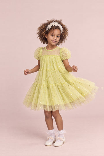 Girl wearing the Wisteria Bloom Lime Star Tulle Dress, front
