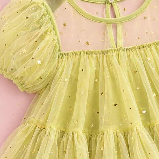 Wisteria Bloom Lime Star Tulle Dress sheer yoke, keyhole button, puff sleeve and gold star tulle, close up