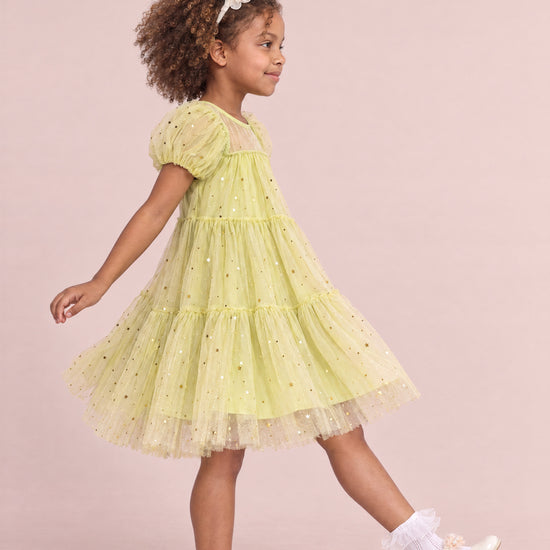 Wisteria Bloom Lime Star Tulle Dress, side, mid step