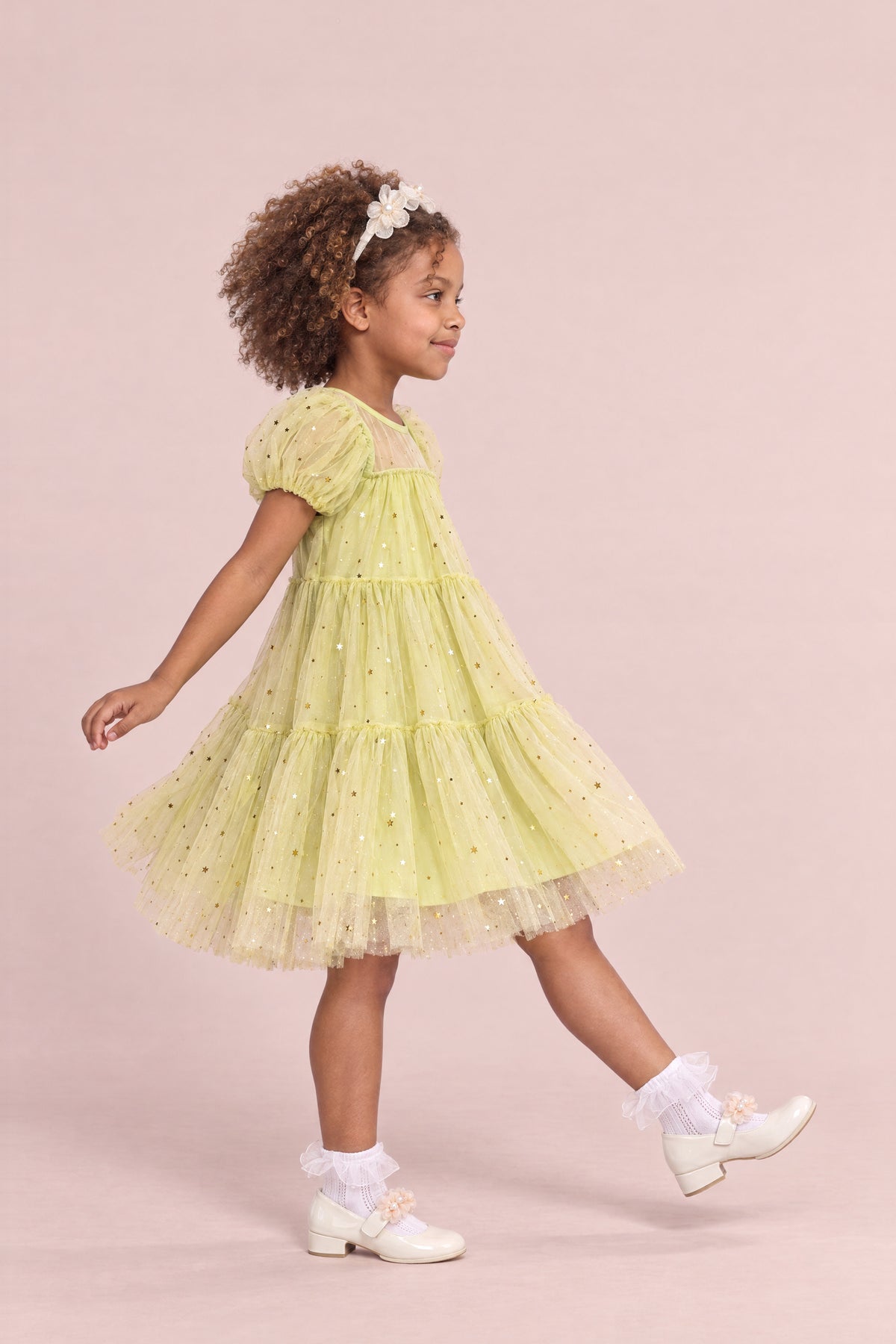 Wisteria Bloom Lime Star Tulle Dress, side, mid step