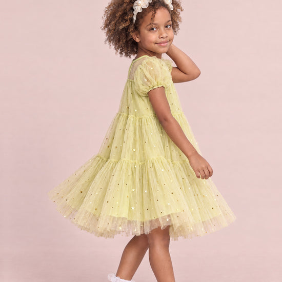 Wisteria Bloom Lime Star Tulle Dress, three quarter