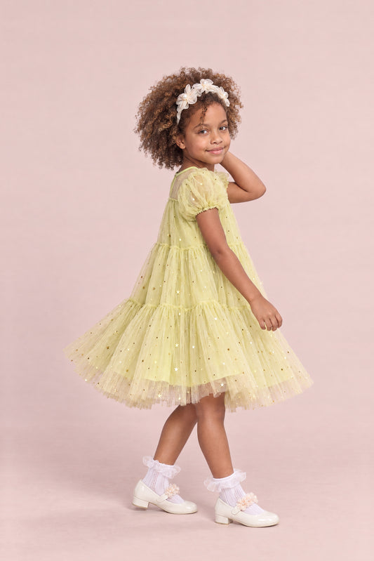 Wisteria Bloom Lime Star Tulle Dress, three quarter